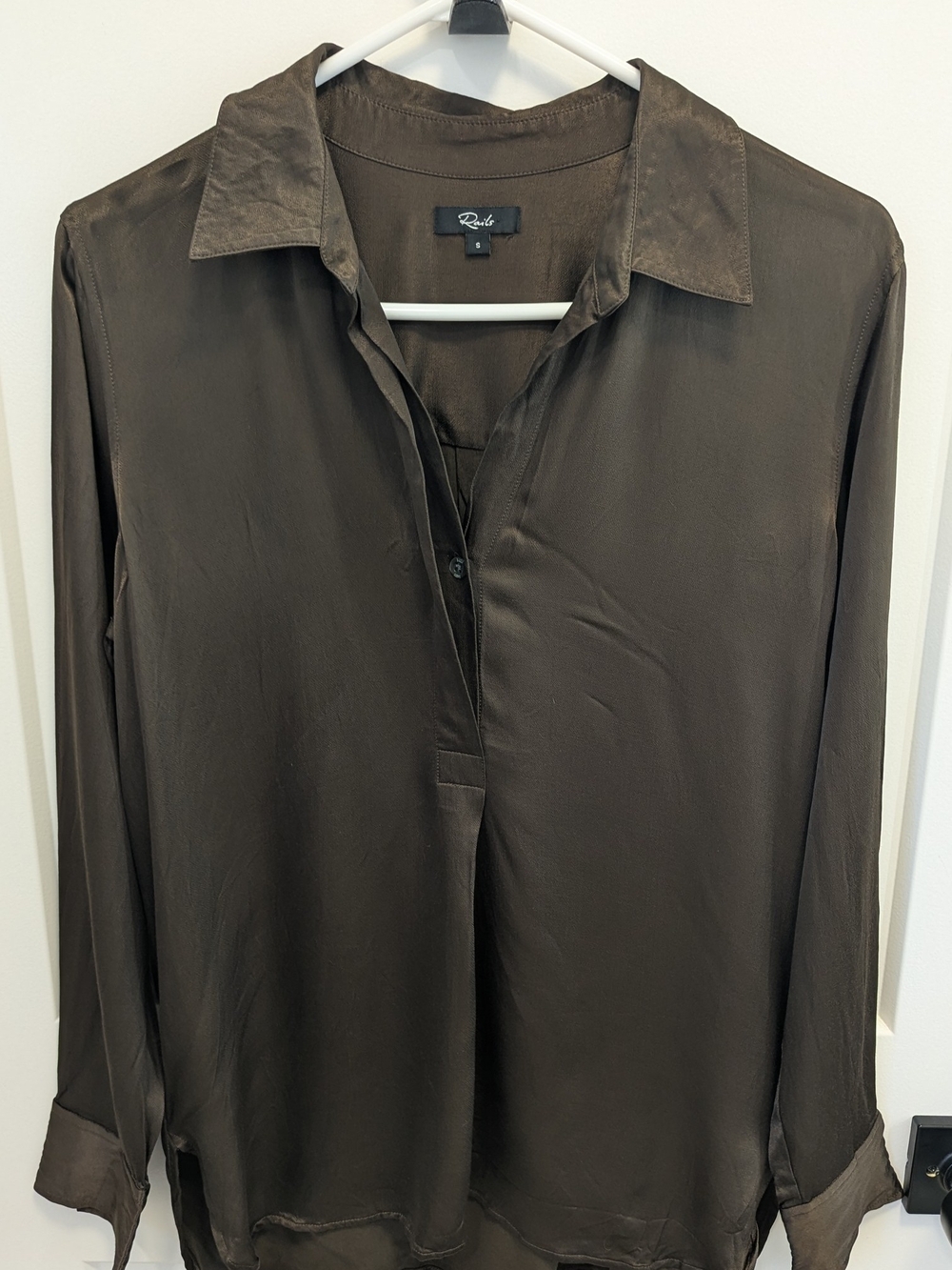 Rails Brown Silky Blouse | Drapey Minimalist Button Front Top - Picture 2 of 8